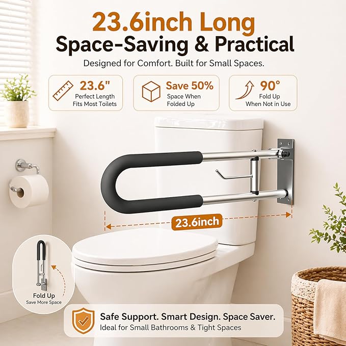 Foldable Toilet Grab Bar, 23.6 Inch Wall Mounted Flip-Up Safety Rail, 2mm Thick Heavy-Duty Rust-Resistant Aluminum Bathroom Support Bar for Elderly, Disabled, Handicap Grab Bars