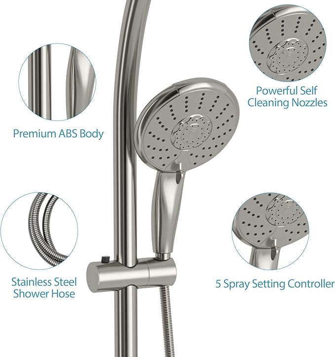Lordear Rain Shower Head with Handheld Spray 5 Setting 3-Way Water Diverter Double Rain Hotel Spa Dual Bathroom Rain Shower Head Combo with Adjustable Sliding Bar,Brush Nickel