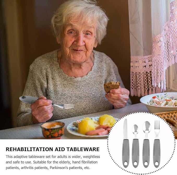 Adaptive Utensils Set for Elderly & Arthritis - 4Pcs Lightweight Stainless Steel Silverware for Weak Hand Grip, Tremors and Handicapped