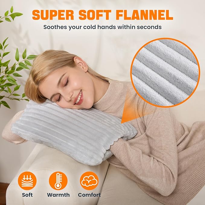 Electric Hand Warmer, Soft Flannel Heated Gloves, Hand Warmer Pouch, Double-Sided Heating Pad for Hands Pain Relief Fingers Arthritis for Women Men Elder, Auto Off & 3 Heat Levels, Light Gray