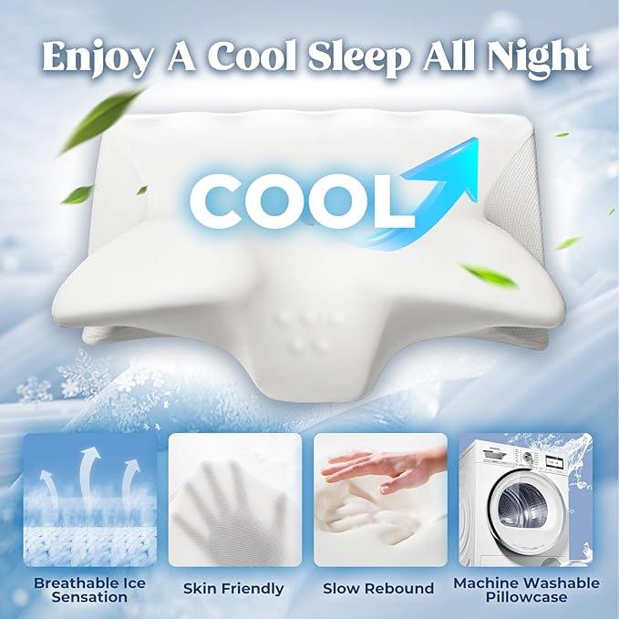 Cervical Pillow for Neck Pain Relief, Cooling Contour Memory Foam Pillows Support Odorless Ergonomic Neck Pillow Adjustable Orthopedic Bed Pillow for Side Back Stomach Sleeper,White