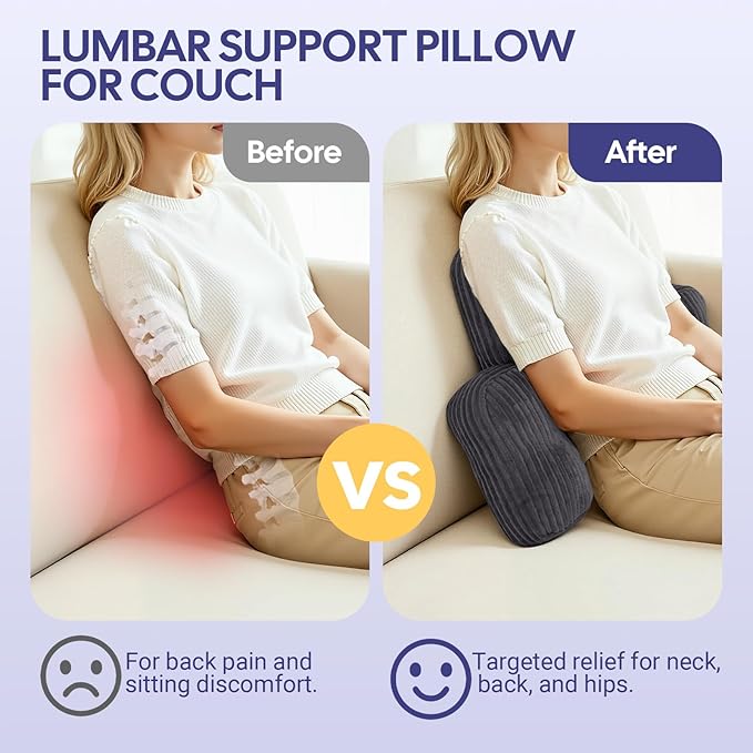 Lumbar Support Pillow for Recliner, Large Back Support Pillow for Office Chair, Tufted Corduroy Back Cushion for Elderly, Lower Back Pain Relief, Ideal for Sofa & Couch, Dark Grey