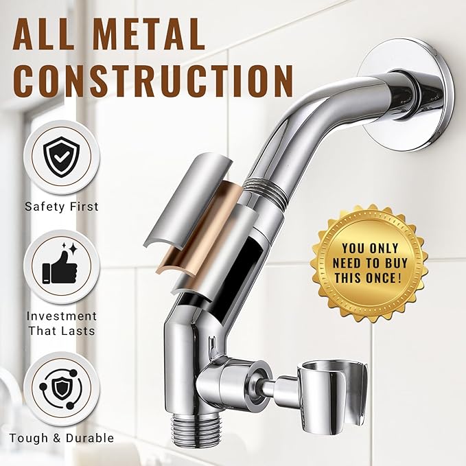 G-Promise All Metal Handheld Shower Head Holder with Extra-Wide Adjustable Angle Range, Solid Brass Shower Wand Bracket with Pivot Ball, Universal Bathroom Part Replacement (Chrome)