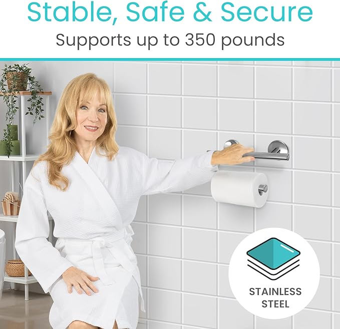 Vive Grab Bar with Toilet Paper Holder (350lbs) - Handrail Bar Combo for Bathroom Wall - Safety Support for Elderly, Seniors & Disabled - Handicap Assist for Restroom Walls & Getting up from Toilets