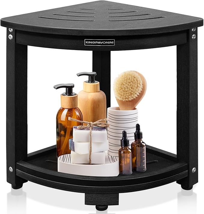 KingPavonini HDPS Corner Shower Stool for Inside Shower, Waterproof Shower Bench, Anti-Fracture & Anti-Fading Shower Seat with Storage Shelf, Rapid Assembly, Load 400 Pounds