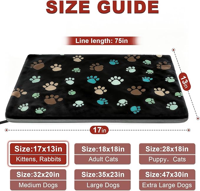 GOLOPET Cat Heating Pad 17x13 in with Smart Thermostat Switch and Power Line Protection Tube,Obtained MET and UL Dual Certification,Waterproof Pet Heating Pad for Cats-Black