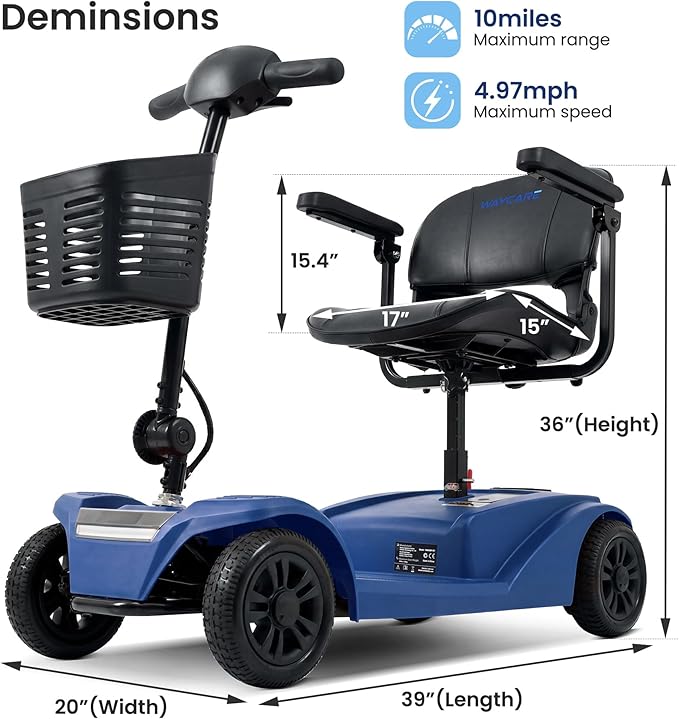 WayCare 15-25 Miles Long Range Mobility Scooter,Weight Capacity 300 LBS+ Powered Mobility Scooters for Seniors, Compact Duty Mobile for Travel with LED Headlight and Detachable Basket(Blue)