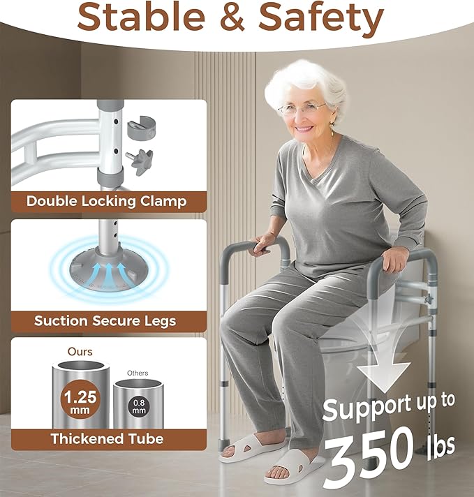 Soundfuse Toilet Safety Rails for Seniors, Adjustable Toilet Handles for Elderly and Disabled, Foldable Handicap Toilet Safety Frame Fit Any Toilets (350 LB)