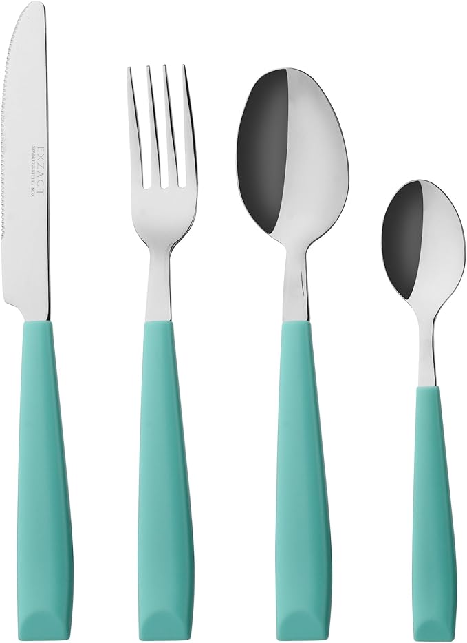 EXZACT 16-Piece Flatware Set for 4 – Colored Stainless Steel Cutlery with Wide Plastic Handles – Comfortable Tableware: Forks, Knives, Spoons, Teaspoons