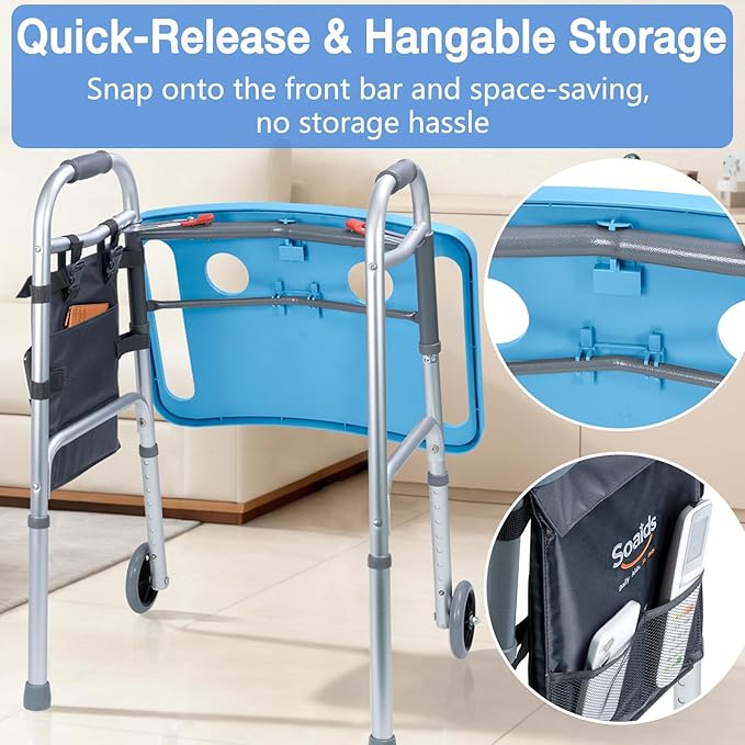 Walker Tray for Seniors with Dual Cup Holders, Side Pouch and Non-Slip Pad, Lightweight Durable Food & Drink Table, Compatible with Walker of 10210-1 Model (Blue)