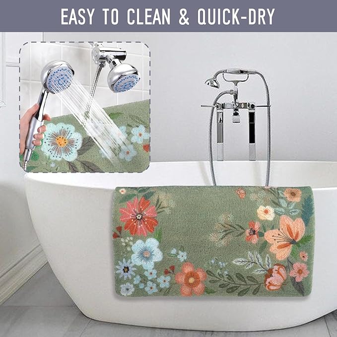 Square Shower Mat, 24 x 24 Inch Non Slip Flower Shower Stall Mat, Quick-Dry PVC Loofah Bath Mat for Shower Tub Bathroom