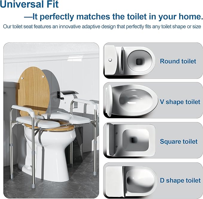 Raised Toilet Seat with Handles, Heavy Duty Toilet Seat Riser for Seniors with Height Adjustable, up to 450lbs, Toilet Chair for Elderly, Pregnant and Handicap, Fit Any Toilet, White