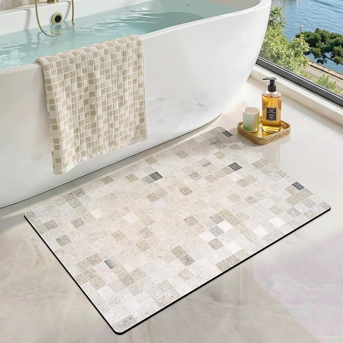 LUMI Ultra Thin Bath Mat, Super Absorbent Quick Dry Bathroom Rugs, Non-Slip Bathroom Mats, Marble Bathmats Fit Under Door, Bathtub, Sink, Shower Room, 24"x36", Beige Checkered