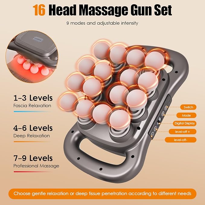 2026 16 Head Massage Gun Deep Tissue – Multi Head Massage Gun, 2600mAh Electric Percussion Massager with 9 Modes & Levels, Portable Massager for Legs, Waist, Back, Neck & Muscles