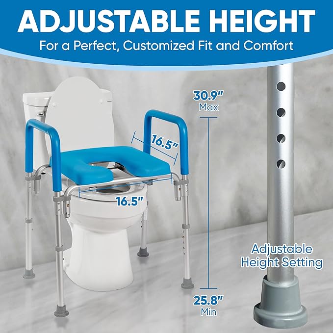 Ultimate Raised Toilet Seat with Handles - Adjustable Raised Toilet Seat for Seniors, Bedside Commode - Padded Armrest | Premium Elevated Toilets Seats with Handles for Elderly Bathroom Safety, Blue