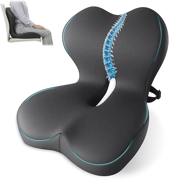 Memory Foam Seat Cushion,Office Chair Cushion with Lumbar Support for Back Pressure Relief, Car Seat Cushion with Adjustable Strap,Sciatica Pad Cushions for Car,Truck, Desk,Gaming Chair