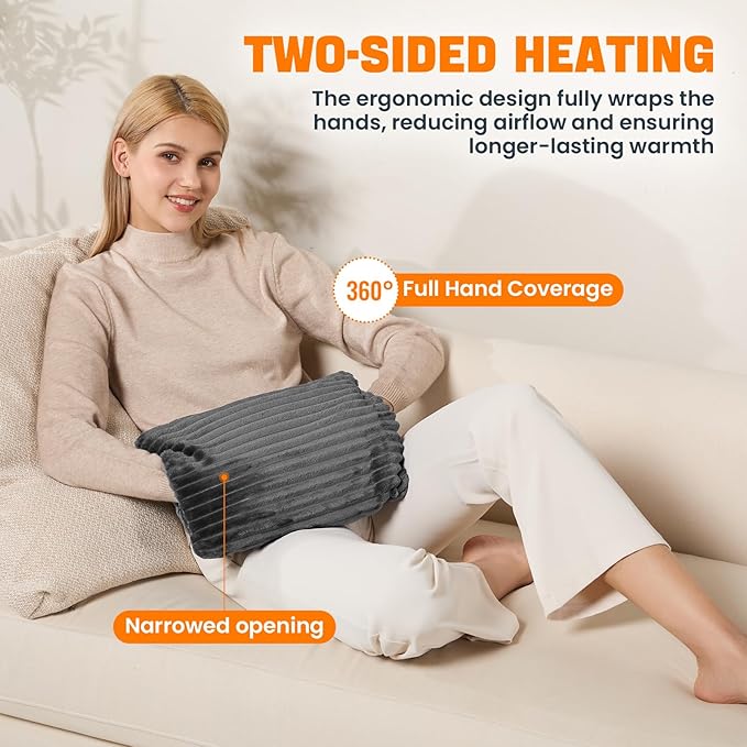 Electric Hand Warmer, Soft Flannel Heated Gloves, Hand Warmer Pouch, Heating Pad for Hands Pain Relief Fingers Arthritis for Women Men Elder, Auto Off & 3 Level, Dark Grey