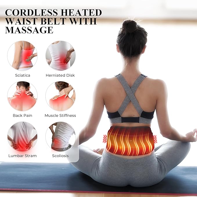 Heating Pad with Massager for Back Comfort, Cordless Lower Back Massager with 6 Heat Levels, Portable Vibrating Heated Belt for Lumbar/Abdominal- Gifts for Women, Men, Mom & Dad