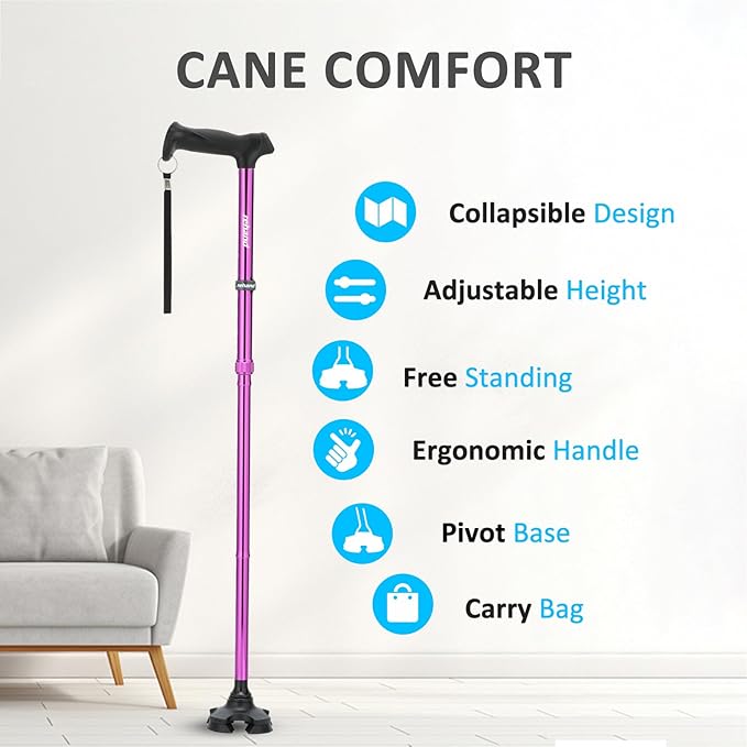 REHAND Walking Cane for Men & Women - Foldable, Adjustable, Lightweight, Self Standing Pivot Walking Cane, Soft Handle Grip, with Travel Bag, Walking Sticks for Seniors & Adults