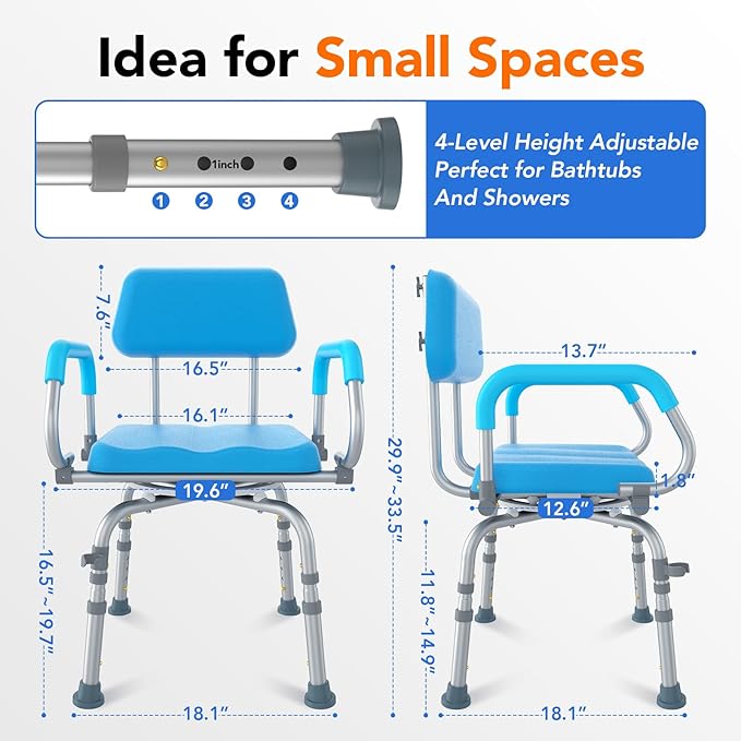 FSA/HSA Eligible Vnsod 360° Swivel Shower Chair for Inside Shower, Bath Chair for Elderly and Disabled, Adjustable Height and Padded Shower Seat with Back & Arms, 330lbs Non-Slip Stool for Inside Tub