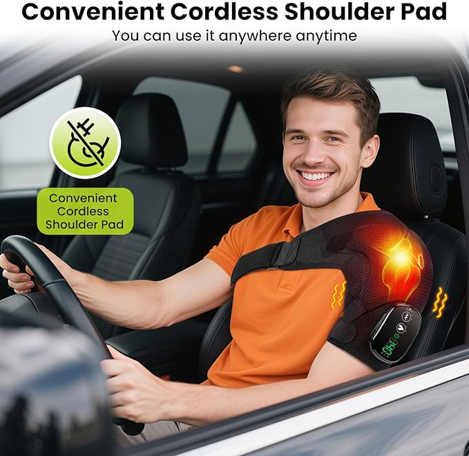 Cordless Shoulder Heating Pad with Vibration for Rotator Cuff Pain Relief, FSA Eligible HSA Heated Shoulder Massager, Rotator Cuff Support Brace with 3 Heating Levels &3 Vibration (Black)