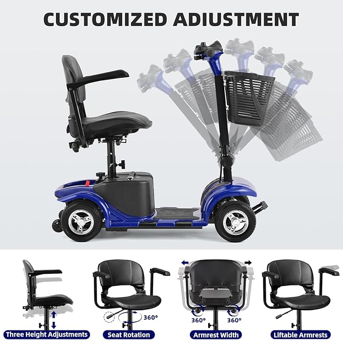 Mobility Scooter for Adults, Senior, 4 Wheels Electric Powered Chargeable Device for Travel, Lightweight Mobility Scooter, with LED Headlights and Basket, Charger Included