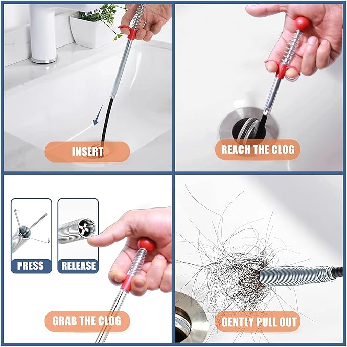 Upgraded Drain Snake, 61 inch plumbing snake，Sink Snake Drain Clog Remover for Sewer Kitchen Bathroom