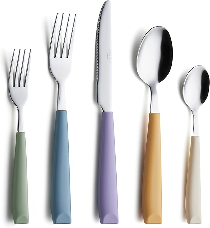 ANNOVA Silverware Set Stainless Steel Colorful Handle Tableware Kitchen Flatware Set Utensils, Includes Dinner Knives, Forks, Spoons, Salad Forks & Dessert Spoons (Morandi Mix, 20 Pieces)