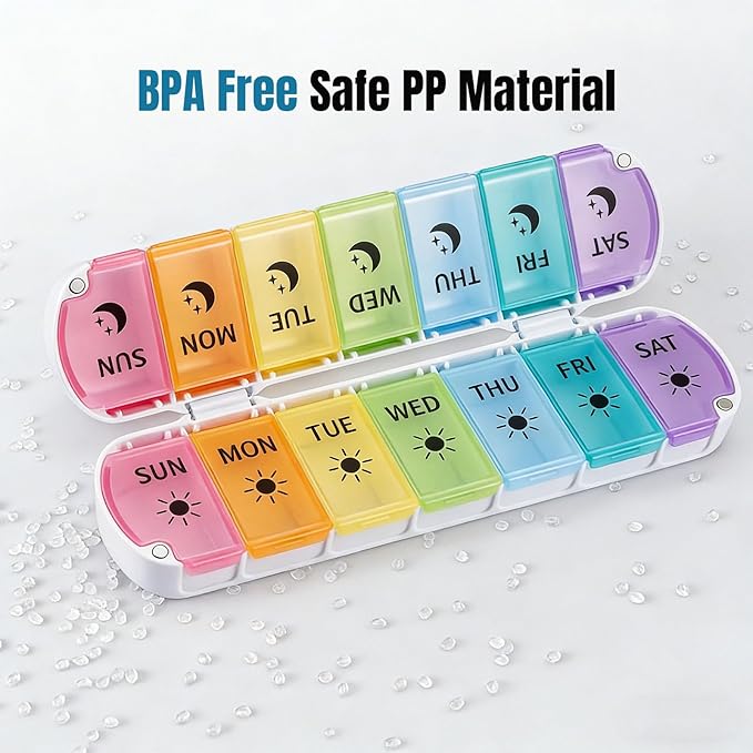 Weekly Pill Organizer 2 Times a Day, Magnetic Foldable AM PM Pill Box with Dual Protection, Large Travel Medication Case for Vitamins, Fish Oils, Supplements (Rainbow Color)