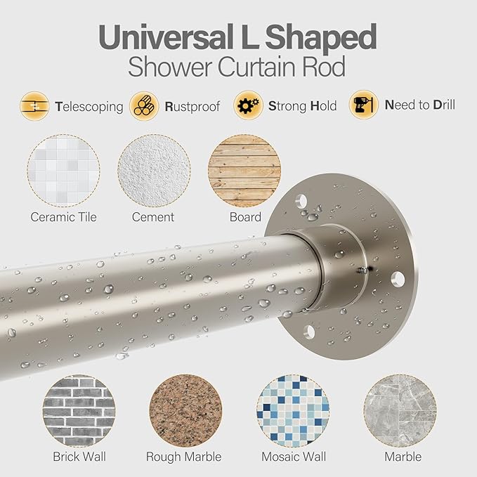 L Shaped Corner Shower Curtain Rod, 24" - 37" x 24" - 37" Adjustable 90 Degree Curved Bathroom Rod Square Rail No Sag with 12 Hooks & Ceiling Support - Silver