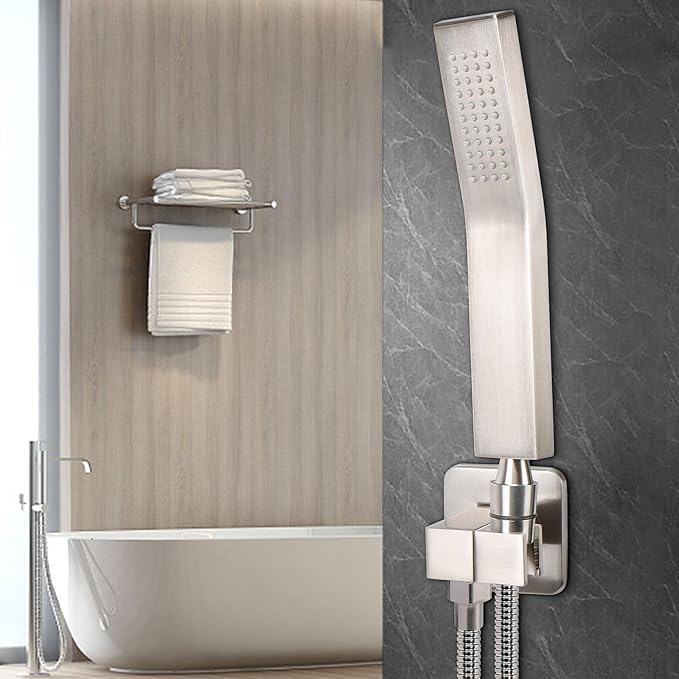 NearMoon Brass Hand Held Shower Head, Luxury High Pressure Shower Kit with Wall Connector and Hose Set, for Bathroom Showering System Contemporary Square Style (Brushed Nickel)