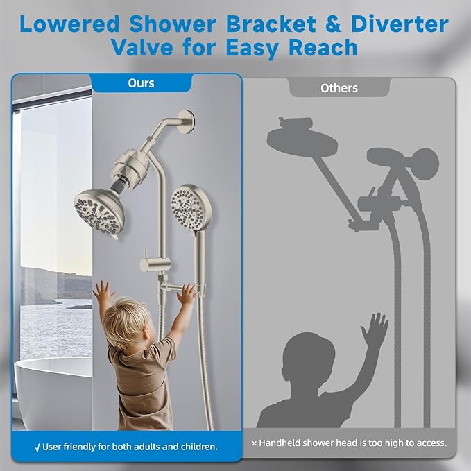 Filtered Shower Heads, All Metal Dual Shower Head Easy Reach Handheld Spary Combo, 3-Way High Pressure 70 Mode Rainfall Showerhead, 71" Hose, Shower Bracket, 20 Stage Shower Filter, Brushed Nickel