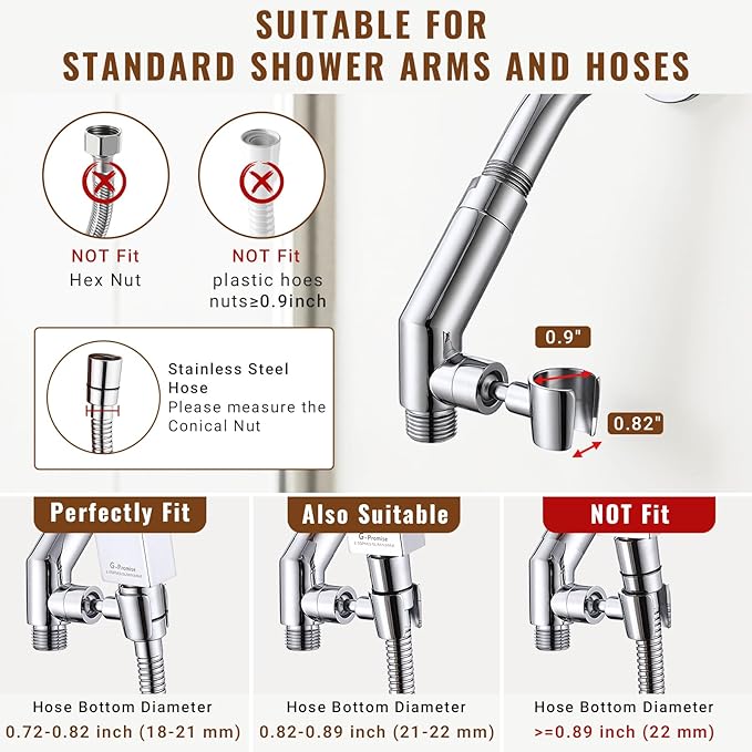 G-Promise All Metal Handheld Shower Head Holder with Extra-Wide Adjustable Angle Range, Solid Brass Shower Wand Bracket with Pivot Ball, Universal Bathroom Part Replacement (Chrome)