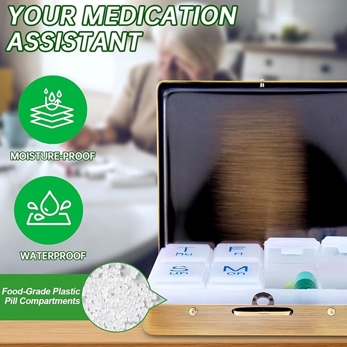 Portable Metal Travel Pill Organizer (7 Days a Week), Large Capacity 8 Compartments, BPA-Free (M-Antique Bronze, Medium)