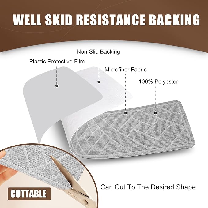15 Pack 8" X 30" Non-Slip Carpet Stair Treads for Indoor Wooden Steps, Made of Polyester with Reusable Adhesive, Suitable for Kids Elders and Pets (Light Grey Lines)