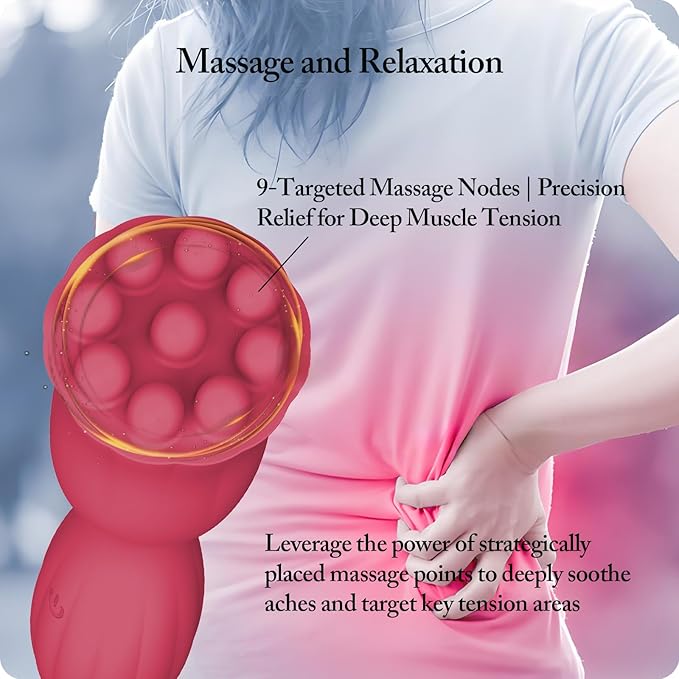 Handheld Mini Massager, 10 Adjustable Speeds, Waterproof, Bionic Design with 9 Massage Nodes, 5.12 Inch, Skin-Friendly Silicone, USB Rechargeable, Full Body Relief for Head, Neck, Shoulder & Back, Red