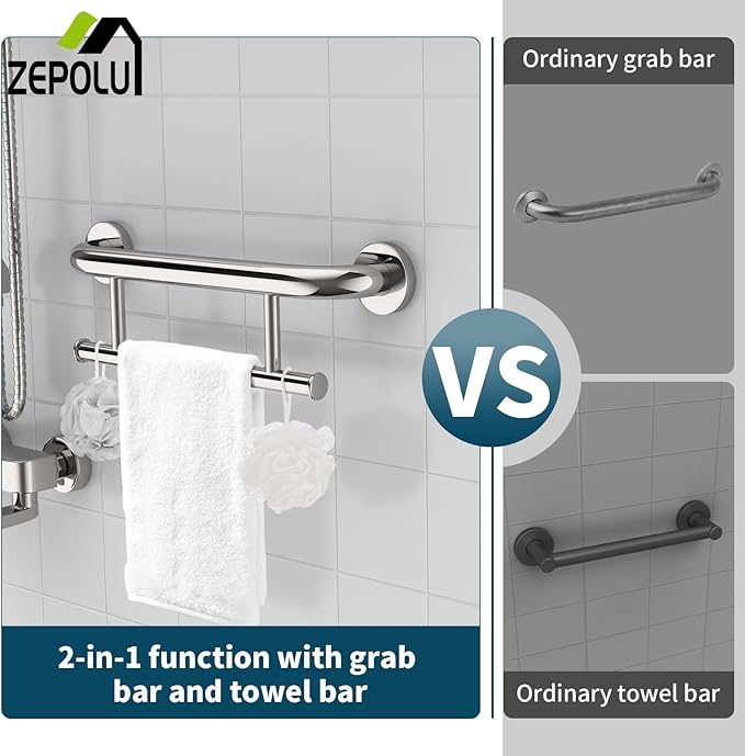 Polished Chrome Grab bar 17 inch - 1.25” Diameter, Zepolu 2-in-1 Bath Towel Bars for Bathroom, Stainless Steel Safety Assist Balanced Support Handle, Wall Mounted Towel Grab Bars for Senior Handicap