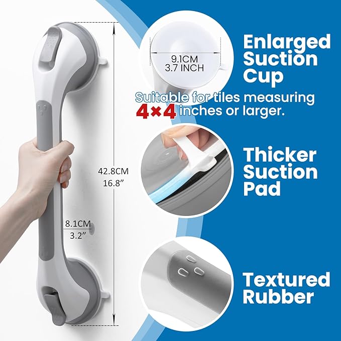 LEVERLOC Grab Bars for Bathtubs and Showers, Shower Handle 17 Inch Strong Suction Bath Handrails, Safety Grip for Bathroom Chair, Bathroom Grab Bar for Senior No Drilling Waterproof,Grey