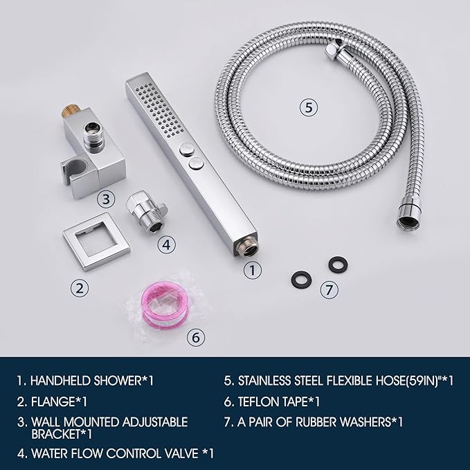 All-Metal High Pressure Square Handheld Shower Head with Jet Spray and Rainfall Modes, Volume Control Regulator, ON/OFF Switch, Hose and Wall Mounted Adjustable Bracket, Chrome Color