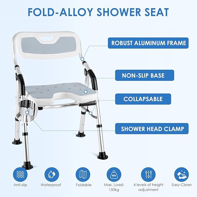 DEWEL Foldable Shower Chair for Elderly and Disabled, Folding Shower Seat with Armrests and Back Height Adjustable, Aluminum Alloy Bath Seat for Inside Shower, 330lbs Capacity(Gray)