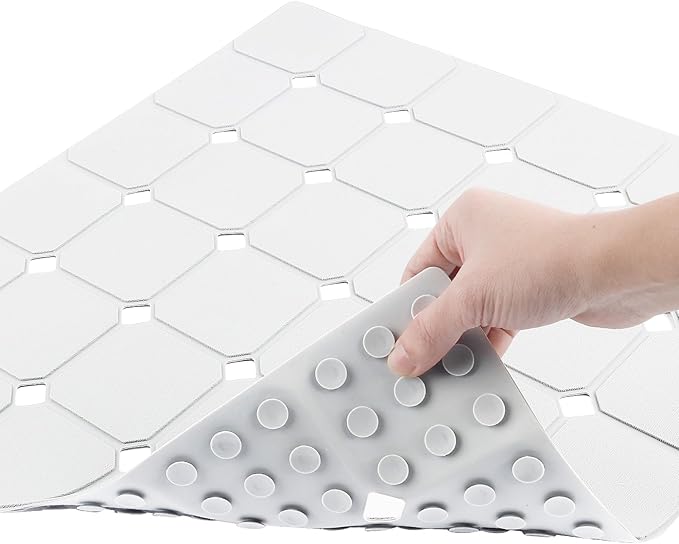 Shower Mat Non Slip 21"x21" Silicone Foldable Bath Mat with Suction Cups & Drain Holes, Odorless, Eco-Friendly & Durable, Machine Washable Shower Stall Mat for Adults, Seniors White