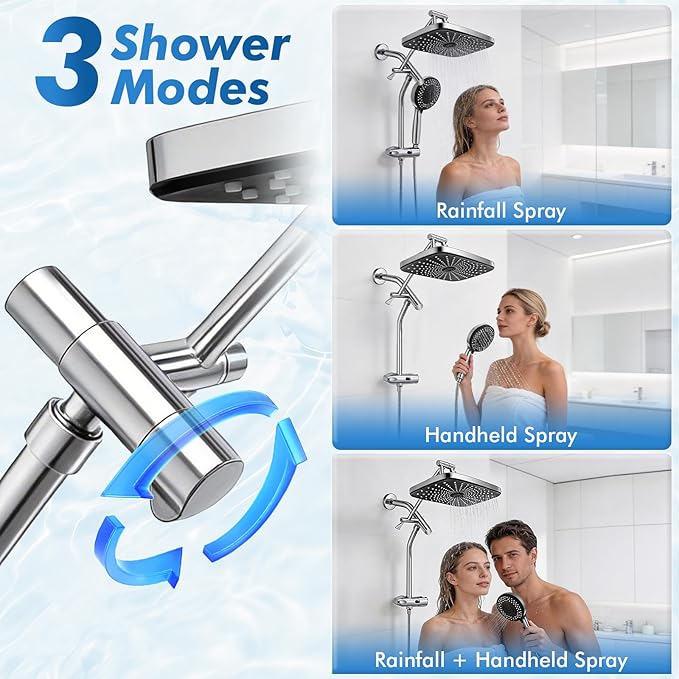 Shower Head with Handheld, 12" High Pressure Rain Shower Heads with Filtered Handheld Spray Combo & Adjustable Extension Arm, Silver Showerheads & Hand Held Showers Set for Bathroom