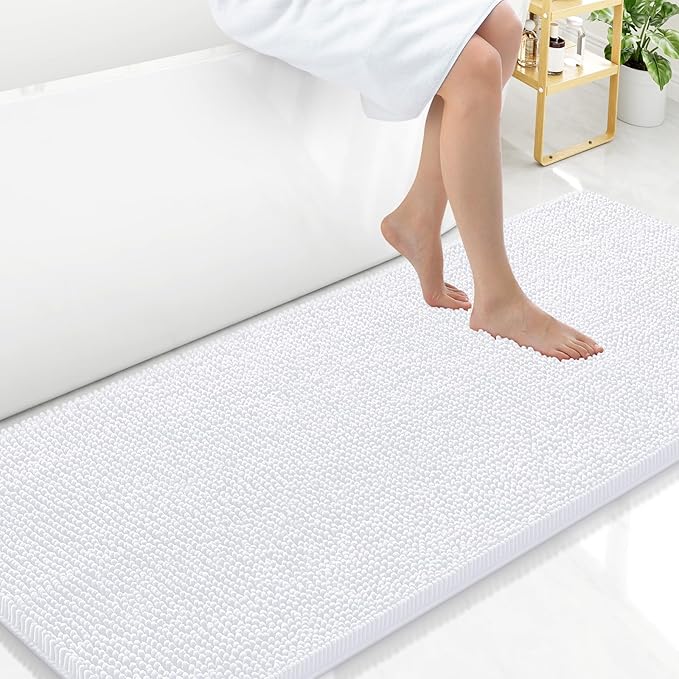Arotive Bathroom Rugs 59x24, Extra Soft Absorbent Shaggy Chenille Bath Rugs, Machine Washable Rubber Backing Non-Slip Bath Mats for Bathroom Floor Tub and Shower, Home Decor Accessories, White