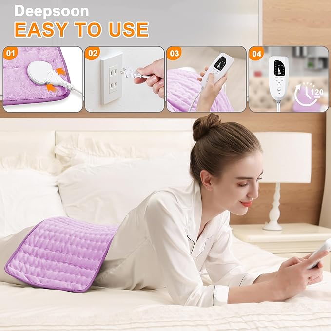 Deepsoon Heating Pad,Electric Heating Pads for Back,Neck,Moist Heating Pad for Abdomen Shoulder Knee Legs,Dry/Moist Heat&Auto Shut Off,Mother's Day Birthday for Men and Women,Light Purple,24x12 Inch