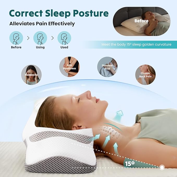 DUMOS Cervical Neck Pillow for Sleeping, Cooling Ergonomic Memory Foam Pillow with Arm Rest Slot and Ice Silk Pillowcase, Dual Height Orthopedic Support Contour for Side, Back, Stomach Sleepers