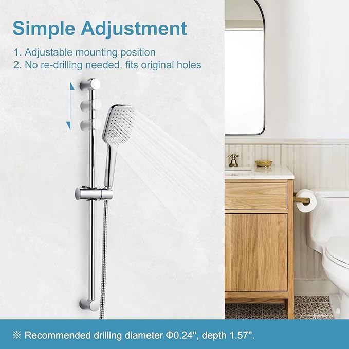 OFFO Shower Slide Bar Combo, Adjustable 27 in Slide Bar with 3-Mode Square Handheld Shower Head and 60 in Stainless Steel Hose, Screw Wall Mounted, Chrome Finish