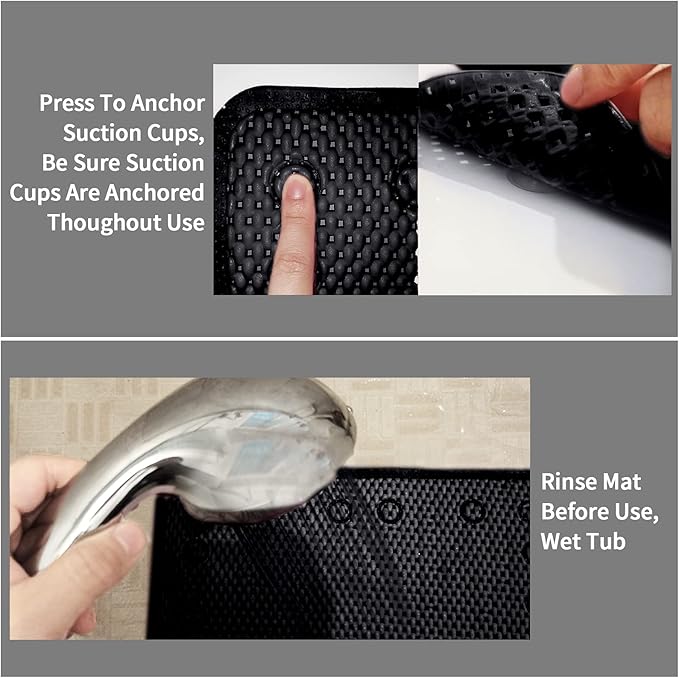 Shower and Bath Mat,Non-Slip Machine Washable and Extra Large Bathtub Mats with Drain Holes and Suction Cups Soft Foam Tub Mats-36” X 17”,Black