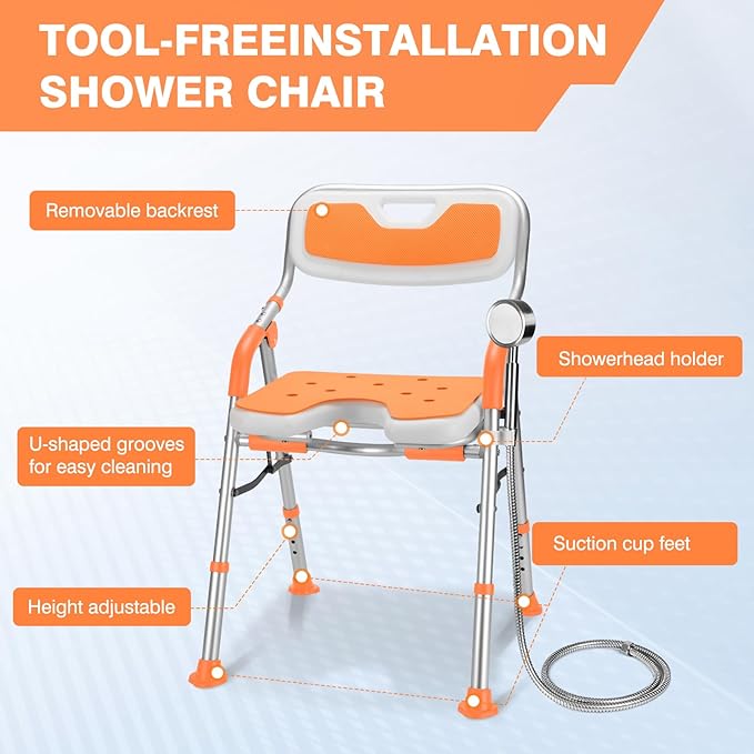 DEWEL Foldable Shower Chair for Elderly and Disabled, Folding Shower Seat with Armrests and Back Height Adjustable, Aluminum Alloy Bath Seat for Inside Shower, 330lbs Capacity (Orange-N)