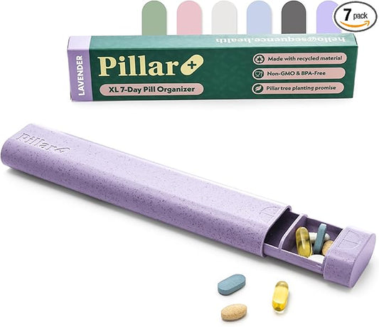 Pillar Plus - Aesthetic 7 XL Day Pill Organizer | BPA-Free Wheat Straw Medicine Case | Pretty Travel & Home Tablet Vitamin Organizer | Cute Weekly Pill Box | Travel Medicine Organizer (Lavender)
