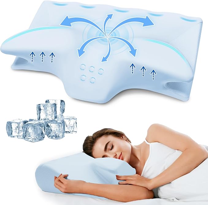 Cervical Pillow for Neck Pain Relief, Cooling Contour Memory Foam Pillows Support Odorless Ergonomic Neck Pillow Adjustable Orthopedic Bed Pillow for Side Back Stomach Sleeper,Modern Blue